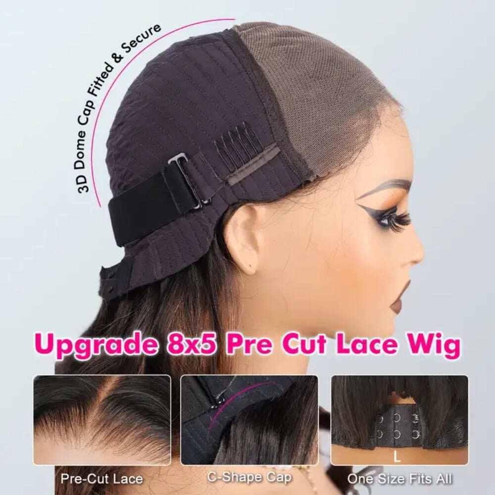 Black Cherry Curtain Bangs Body Wave Human Hair 8x5 Pre Cut Lace Glueless HD Lace Wigs 180% Density