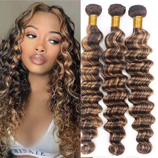 Highlight Loose Deep Wave 3 Bundles Brazilian 30 Inch Human Hair Bundles P4/27 Ombre Brown Hair Extensions(No Code Need)