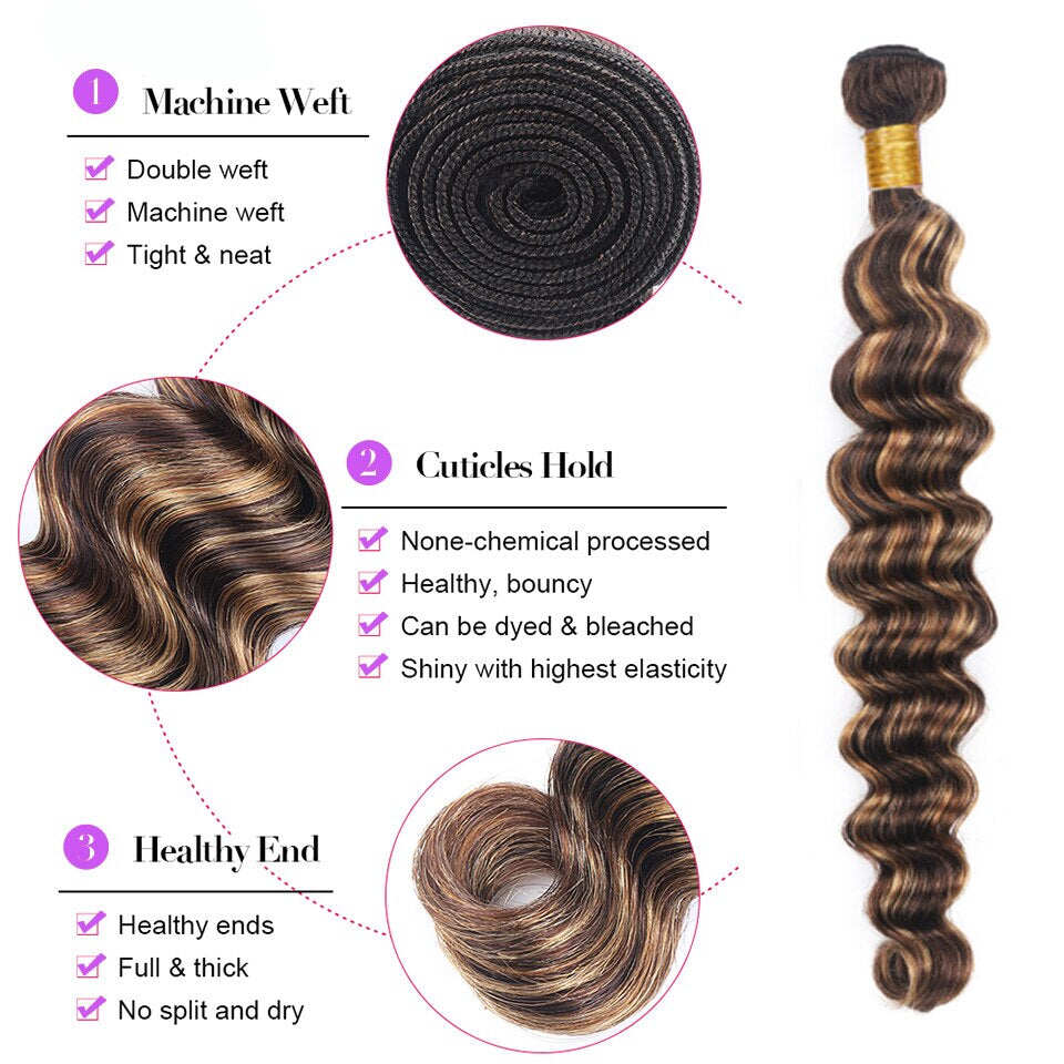 Highlight Loose Deep Wave 3 Bundles Brazilian 30 Inch Human Hair Bundles P4/27 Ombre Brown Hair Extensions(No Code Need)