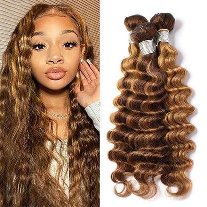 Highlight Loose Deep Wave 3 Bundles Brazilian 30 Inch Human Hair Bundles P4/27 Ombre Brown Hair Extensions(No Code Need)