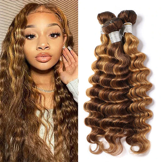 Highlight Loose Deep Wave 3 Bundles Brazilian 30 Inch Human Hair Bundles P4/27 Ombre Brown Hair Extensions(No Code Need)