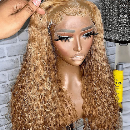 #27 Honey Blonde Kinky Curly 3 Bundles With 4X4 Lace Closure For Women Human Hair