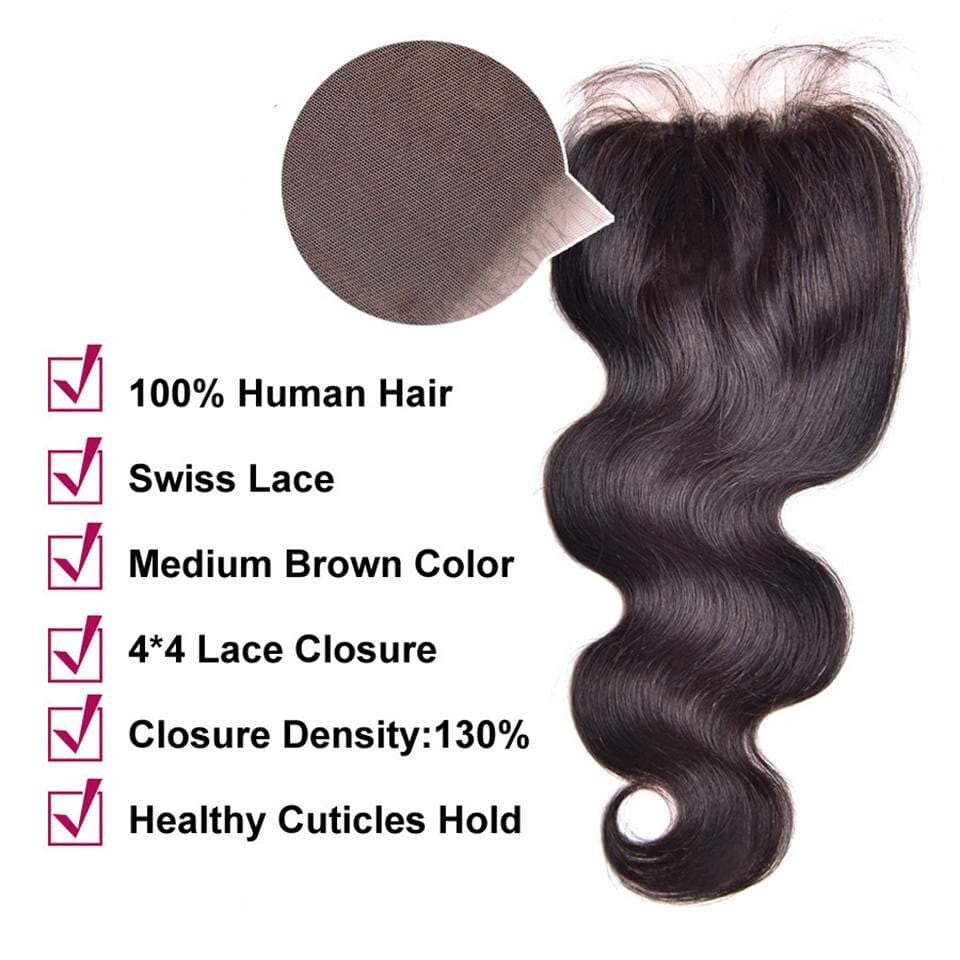 Brazilian Body Wave Virgin Hair 3 Bundles with 4X4 Lace Closure