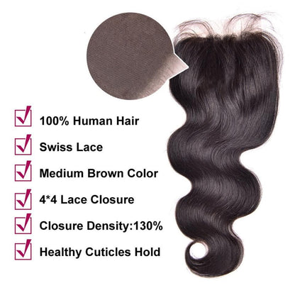 Brazilian Body Wave Virgin Hair 3 Bundles with 4X4 Lace Closure