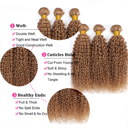 #27 Honey Blonde Kinky Curly 3 Bundles With 4X4 Lace Closure For Women Human Hair