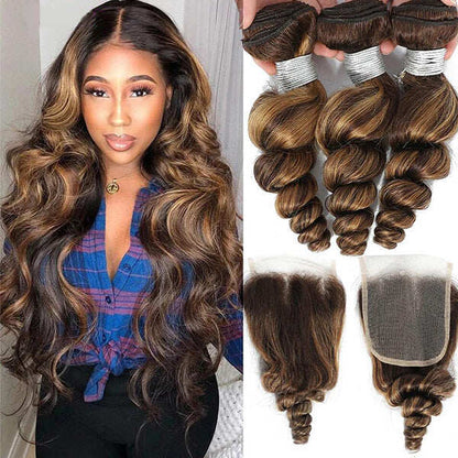 Highlight P4/27 Loose Wave 3 Bundles with HD Lace Ombre Brown Human Hair Bundles with 4X4 Closure