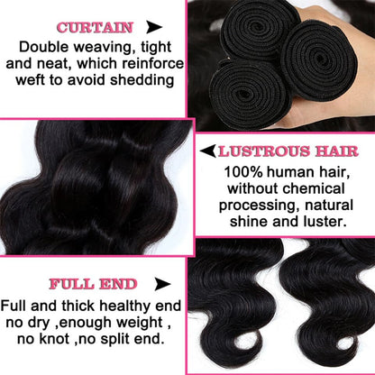 (B1) Body Wave 4 Bundles With 4X4 Transparent Lace Closure Brazilian Human Hair