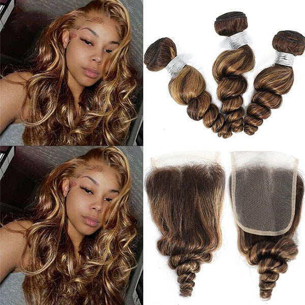 Highlight P4/27 Loose Wave 3 Bundles with HD Lace Ombre Brown Human Hair Bundles with 4X4 Closure