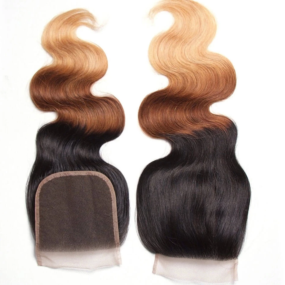 Ombre 1b/4/27 Body Wave 3 Bundles with 4x4 lace Closure Human Hair